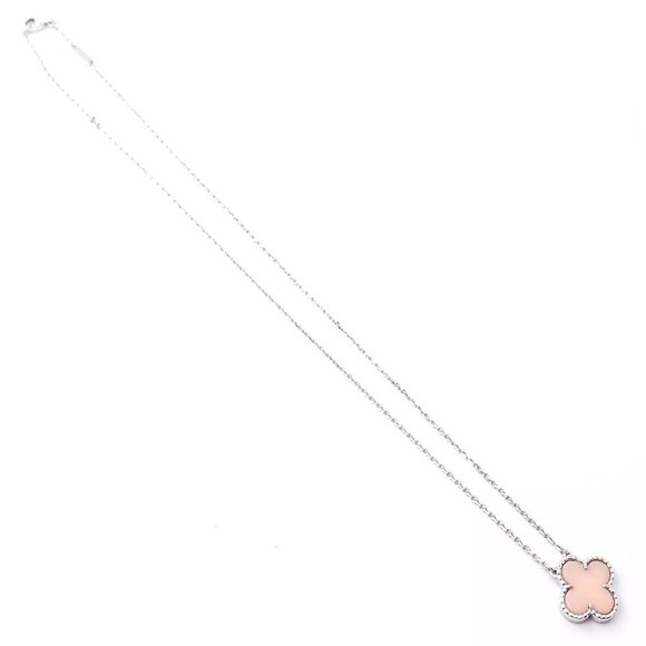 Authentic! Van Cleef & Arpels Alhambra 18k White Gold Pink Opal Pendant Necklace - Picture 6 of 7